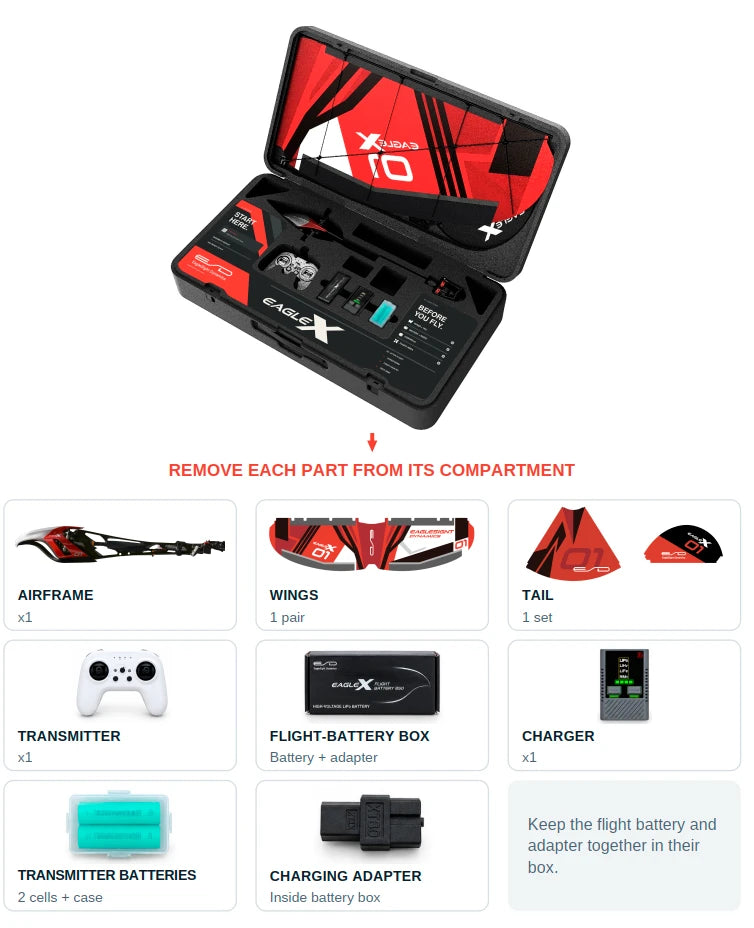 Open EPP case and the EAGLE X aircraft, controller, battery, charger and accessories