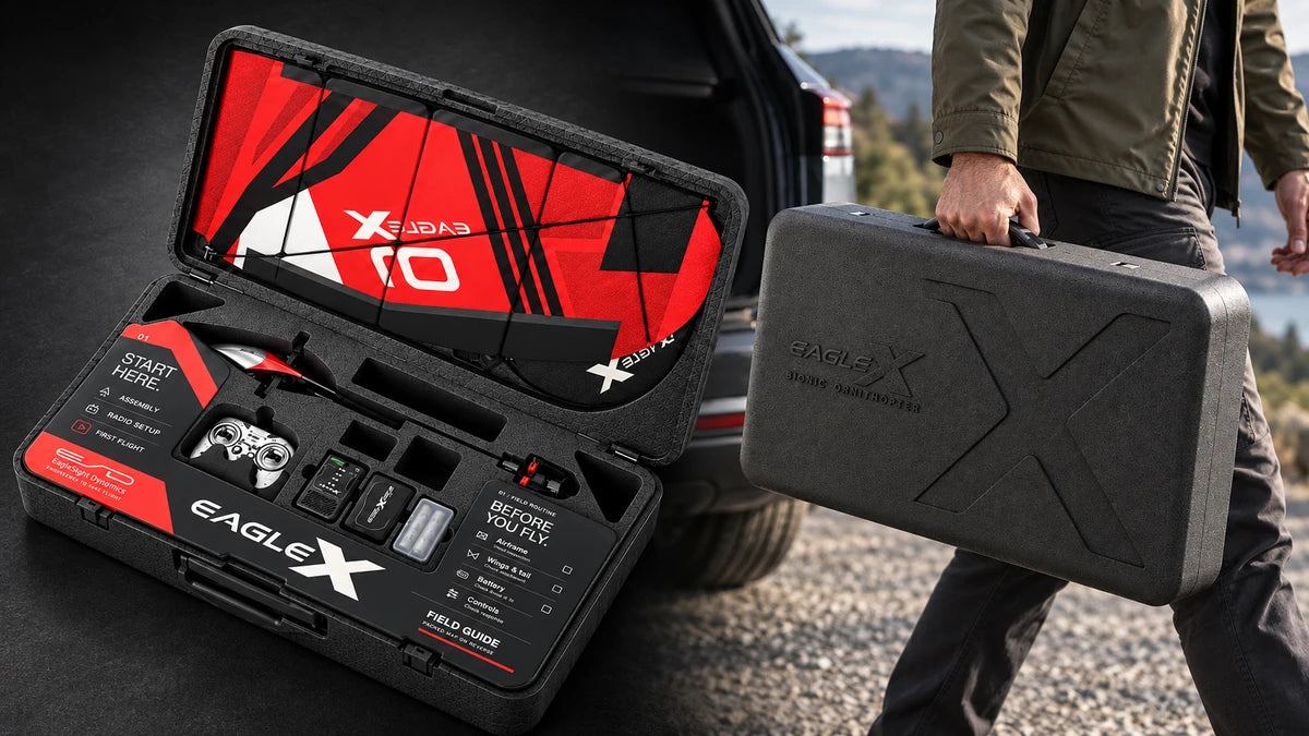 EAGLE X custom EPP carry case, shown open and carried by its handle